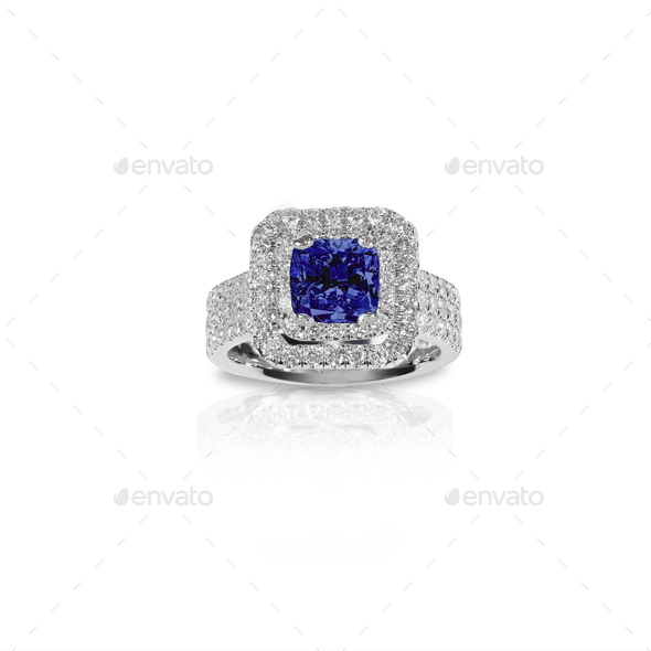 TVS-JEWELS White Gold Plated Round Cut Blue Sapphire Butterfly Princess Snowflake Engagement Ring 