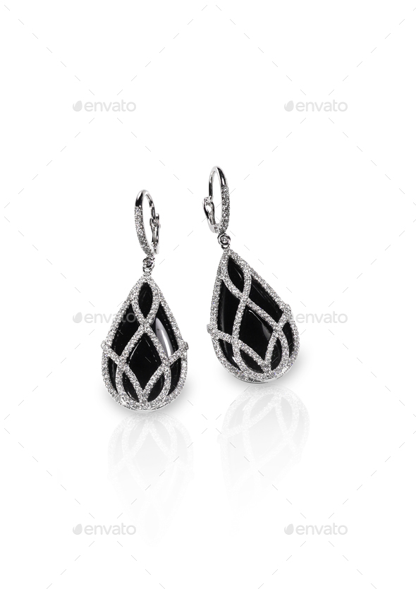 Black Onyx and diamond pierced earrings