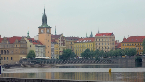 View on Prague From Shore of Vltava in Cloudy Summer Day