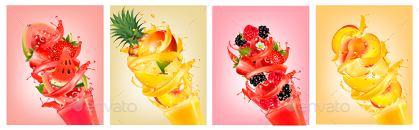Set of Fruit Juice Splashes in Glass - Food Objects