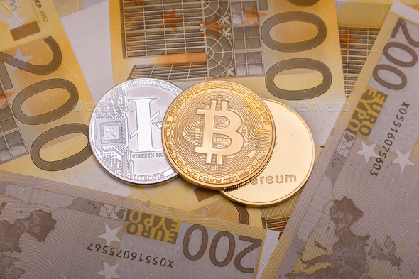 btc crypto currency over 200 euro notes Stock Photo by sam741002