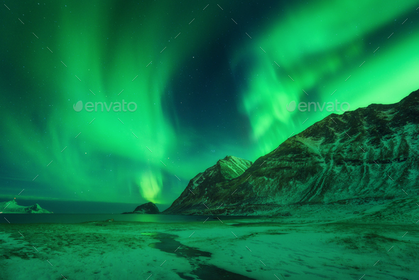 Winter landscape with northen lights in Norway - Stock Photo - Images