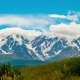 . Clouds Cover the Snow-covered Mountains in the Background. Shrubs Are Shaking in the Wind in the - VideoHive Item for Sale