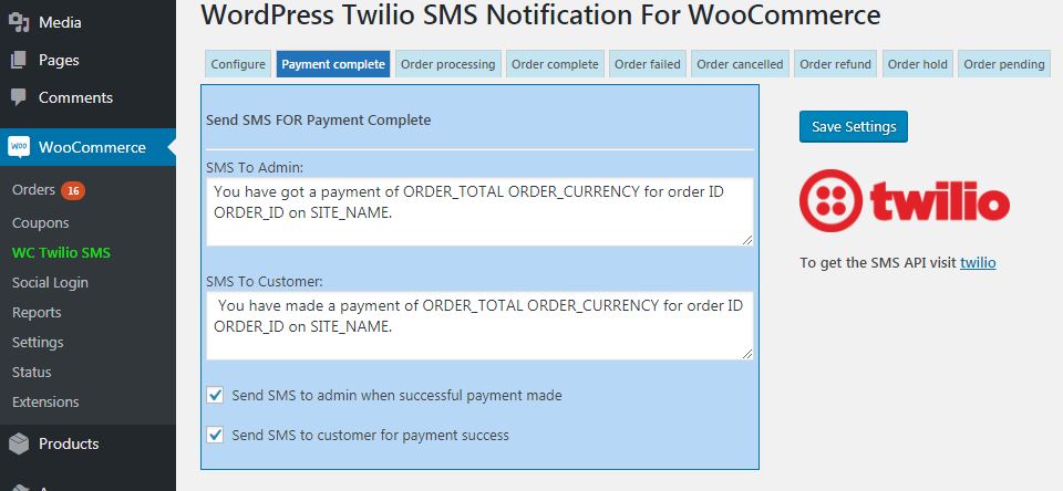 Twilio WooCommerce SMS Notification