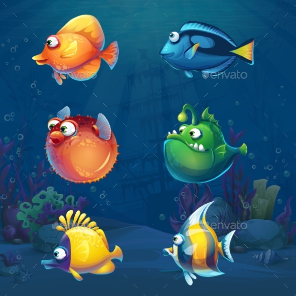 Set of Cartoon Fish in Underwater World - Animals Characters
