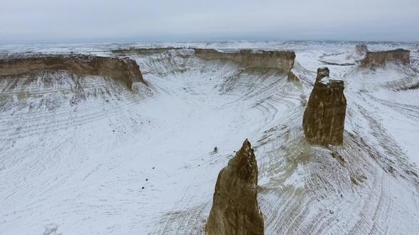 Amazing Aerial View of Snow-covering Ustyurt Sandy Mountains in Western Kazakhstan, Mangyshlak