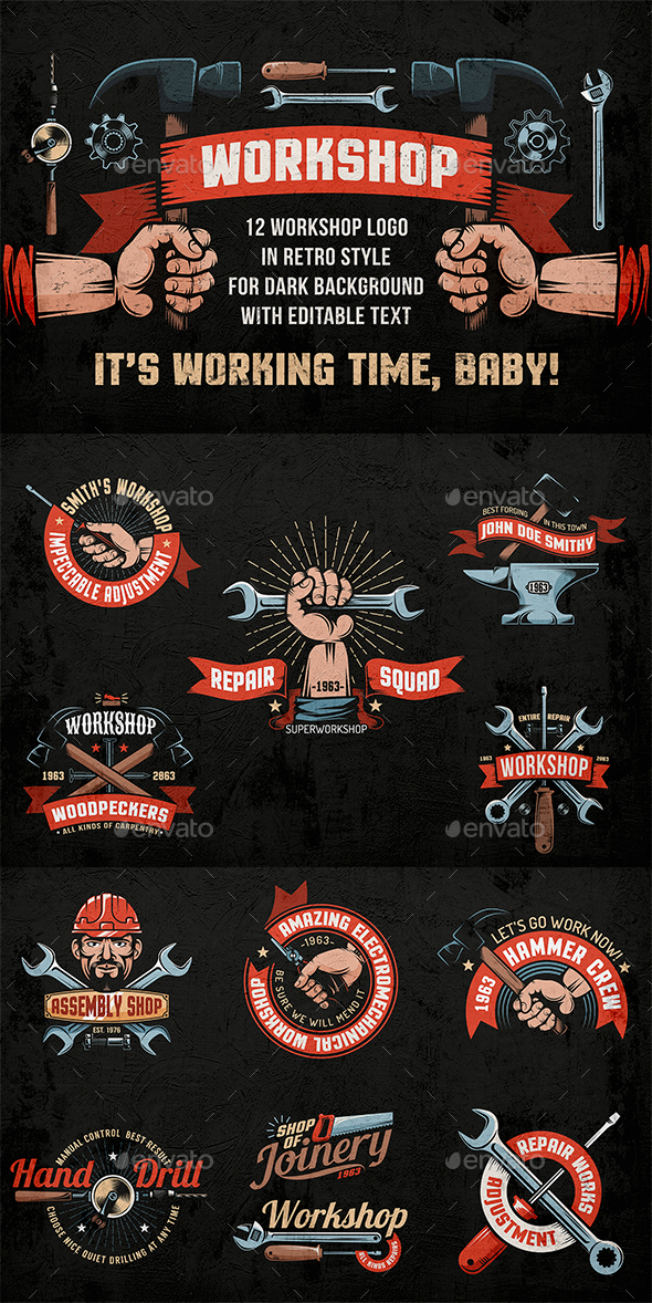 Workshop Color Emblems on Dark Background - Industries Business
