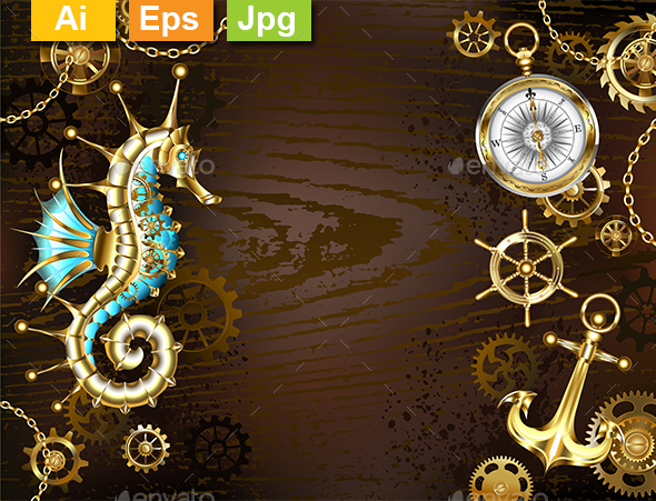 Wooden Background with Mechanical Seahorse - Backgrounds Decorative