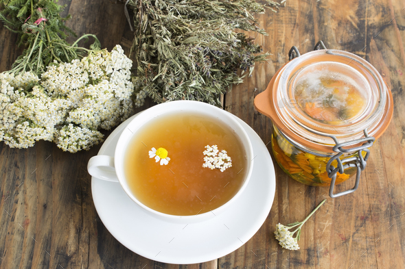 Herbal Medicine, Tea, Yarrow, Savory, Chamomile and Calendula Oil Stock Photo by simonida