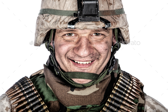 Happy smiling commando soldier in combat helmet - Stock Photo - Images