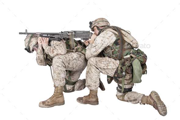Marines shooting with machine gun studio shoot - Stock Photo - Images