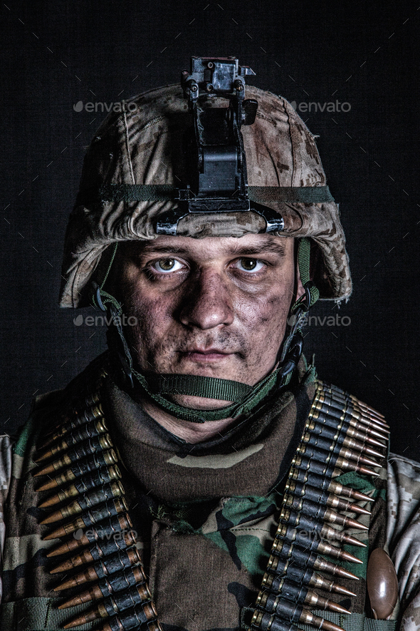 Marine machine gunner with ammo belts on chest - Stock Photo - Images