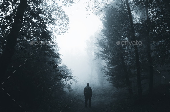 Man silhouette in haunted forest at night Stock Photo by andreiuc88