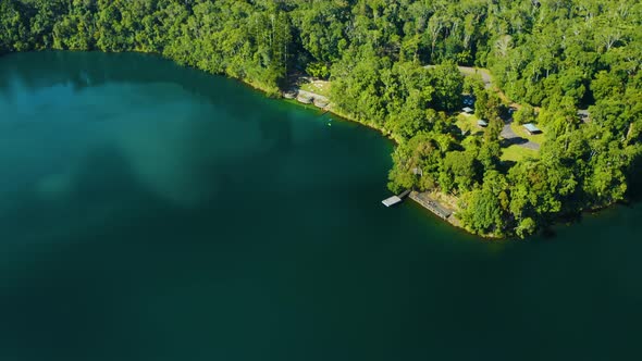 Aerial, beautiful view on Lake Eacham in tablelands in Queensland, Australia