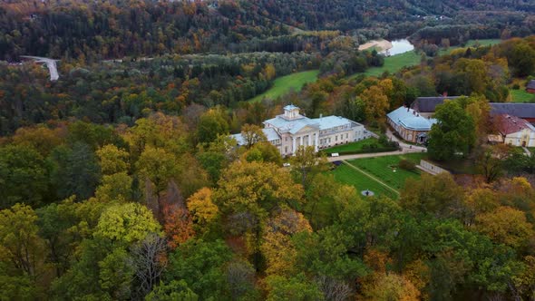 Aerial View of the Krimulda Palace in Gauja National Park Near Sigulda and Turaida, Latvia. Old Mano alt