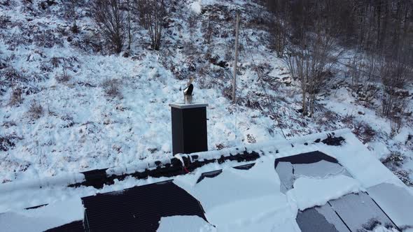 Smoke coming from wood stove chimney while moving bacwards to reveal snow covered solar roof and fro alt