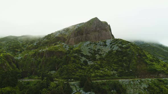 Aerial Of Huge Mountain Cliff In Azores
