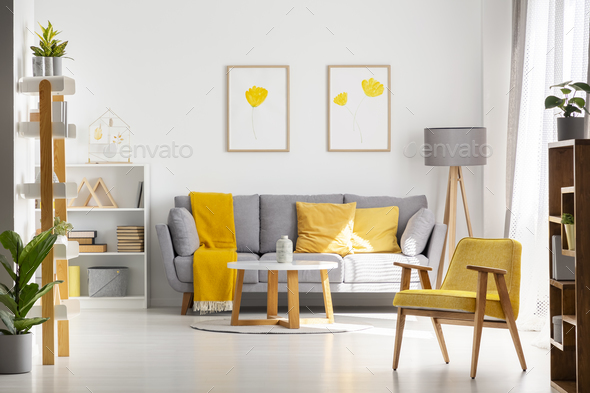 Yellow Wooden Armchair In Bright Living, Bright Living Room