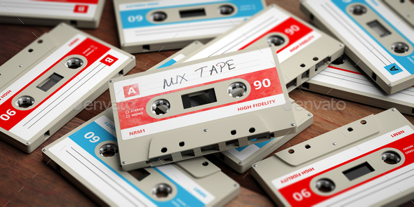 Vintage audio cassettes on wooden background, mix tape label, 3d illustration