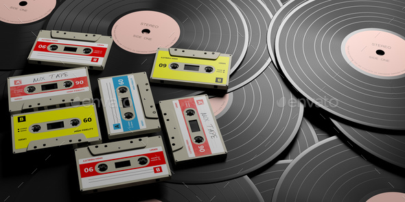 Vintage audio cassettes on wooden background, mix tape label, 3d illustration
