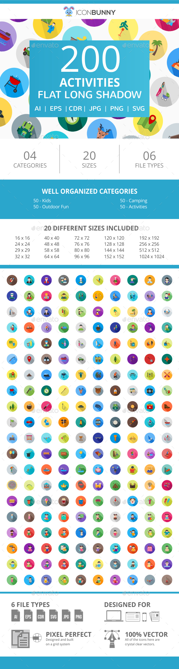 200 Activities Flat Long Shadow Icons By Iconbunny Graphicriver