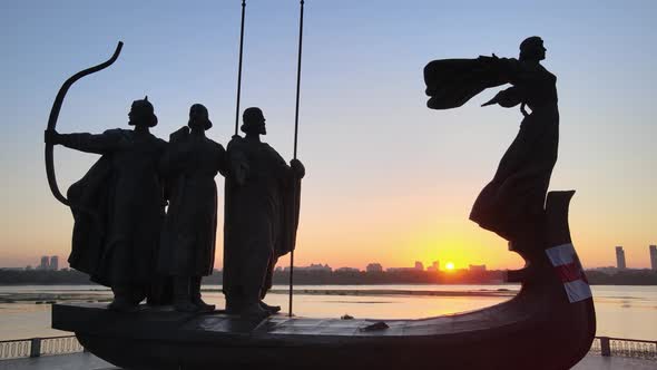 Symbol of Kyiv - a Monument To the Founders of the City in the Morning at Dawn. Ukraine. Aerial alt