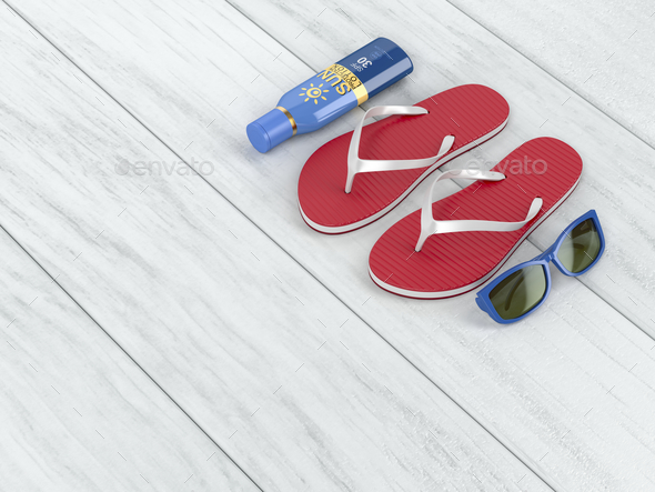 Flip-flops, sun cream and sunglasses - Stock Photo - Images