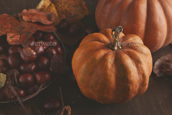 Beautiful pumpkins with leaves and chestnuts on wooden table - Stock Photo - Images