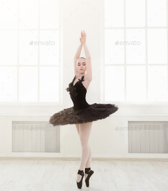 Beautiful graceful ballerina in black swan dress - Stock Photo - Images