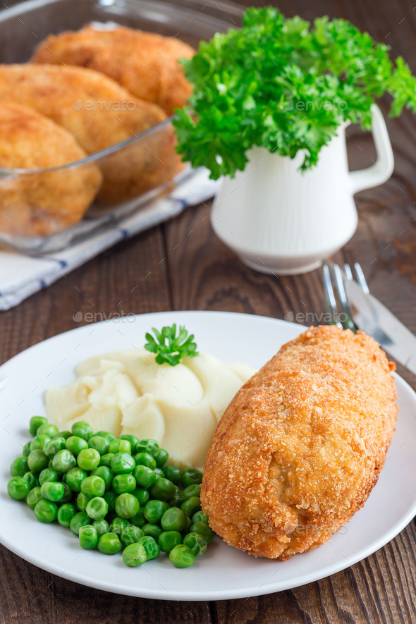 Chicken Kiev, ukrainian cuisine. Chicken cutlets in bread crumbs - Stock Photo - Images