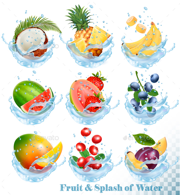 Collection of Fruit in Water Splash Icons - Food Objects