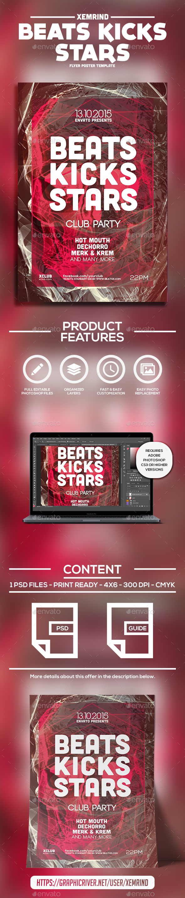 Beats Kicks Stars Flyer Template - Clubs & Parties Events