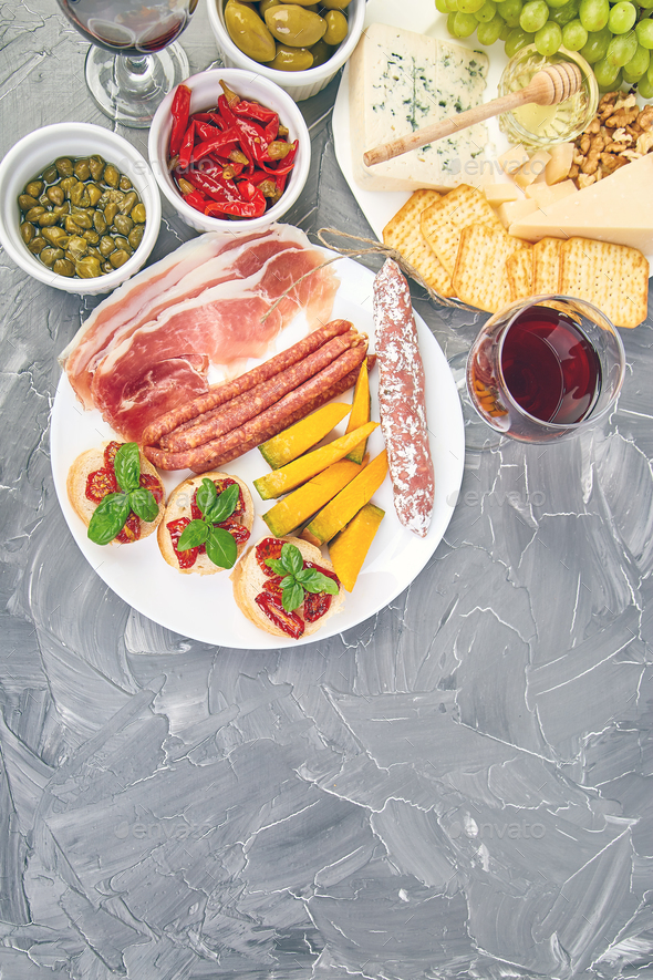 Italian antipasti wine snacks set. Italian food. - Stock Photo - Images