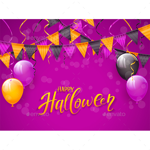 happy halloween with balloons and pennants on purple background by losw