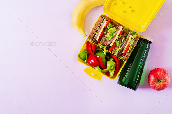 Healthy school lunch box with beef sandwich and fresh vegetables Stock Photo by Timolina
