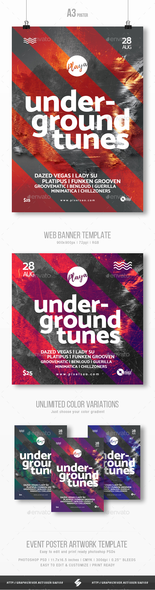 Underground Tunes - Club Music Party Flyer / Poster Template A3 - Clubs & Parties Events