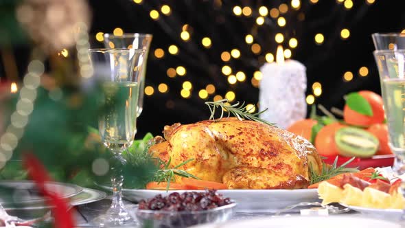 Roasted Chicken on Christmas Festive Table