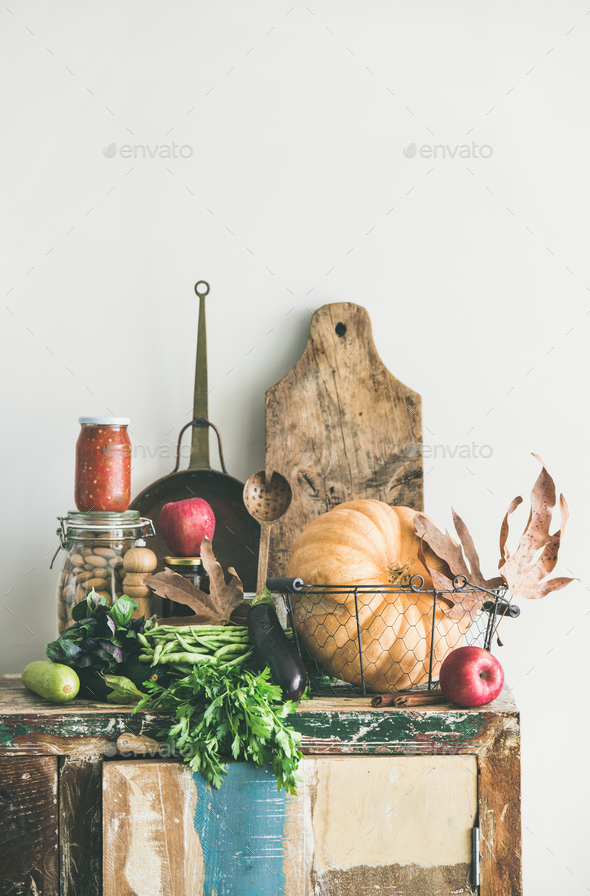 Autumn seasonal food ingredients and kitchen utensils Stock Photo by sonyakamoz