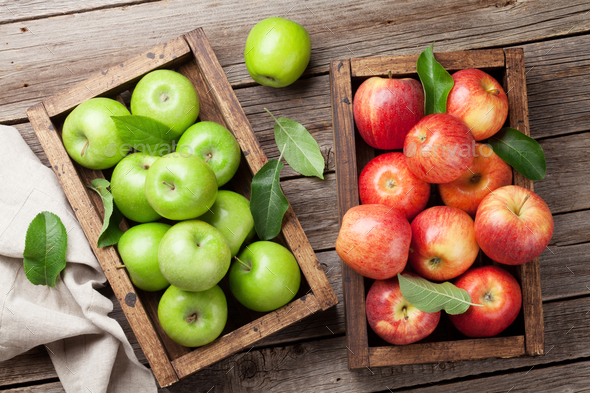 Green and red apples in wooden box Stock Photo by karandaev | PhotoDune