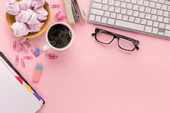 Desk with coffee cup and glasses, copy space - Stock Photo - Images