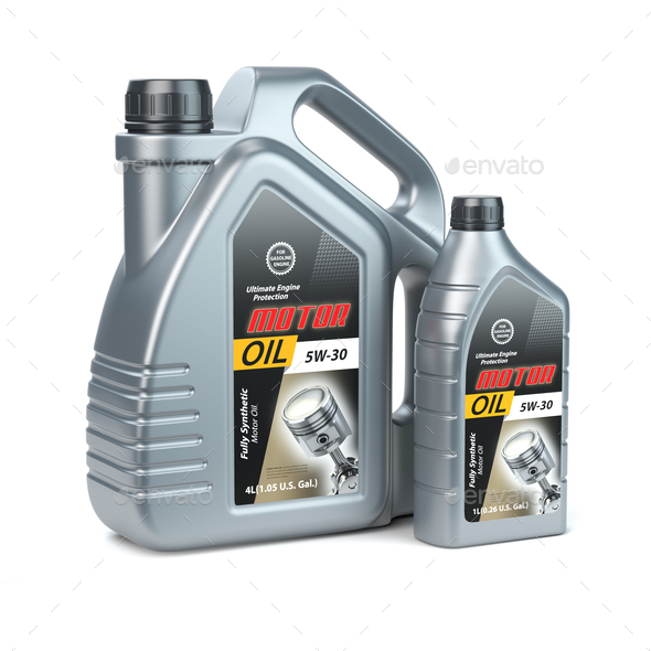 Motor oil canisters on white isolated background. Stock Photo by maxxyustas