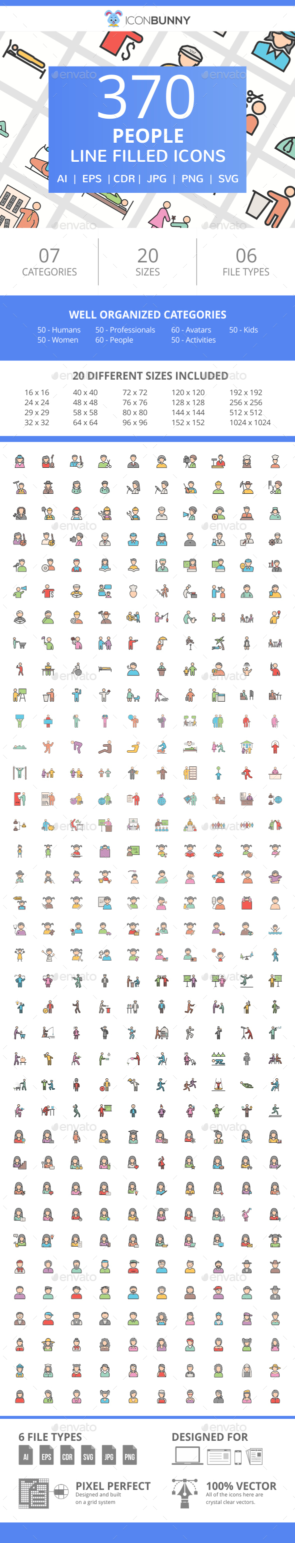 370 People Filled Line Icons - Icons
