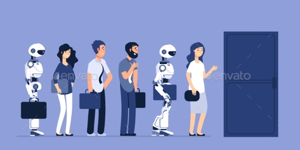 Robots and People Unemployment. Android and Man - Characters Vectors