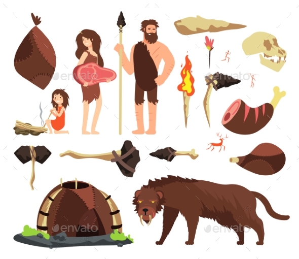 Stone Age Caveman. Hunting Neolithic People - Characters Vectors
