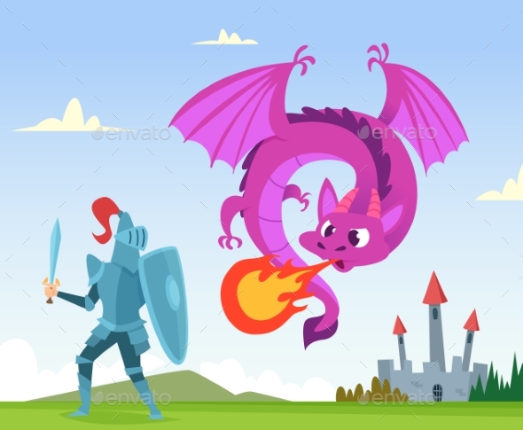Dragon Fighting. Wild Fairytale Fantasy Creatures - Characters Vectors