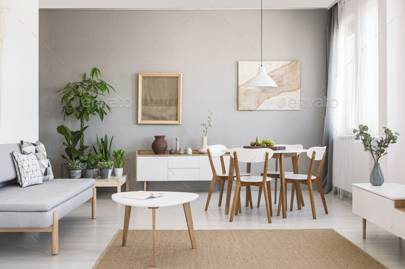 Real photo of a spacious dining and living room interior with wo - Stock Photo - Images