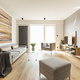 Modern apartment interior with a grey sofa, footstool and armcha - $5.00 Modern apartment interior with a grey sofa, footstool and armcha