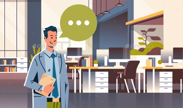 Businessman Holding Tablet Speech Chat Bubble Icon - Computers Technology