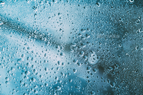 Water Drops Rain Blue Glass Background - Stock Photo - Images