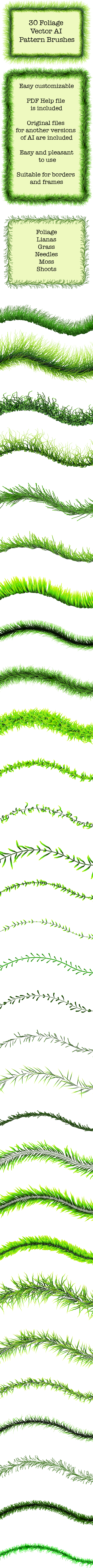30 Green Foliage Brushes - Vector Adobe Illustrator Pattern Plant Brushes - Miscellaneous Brushes